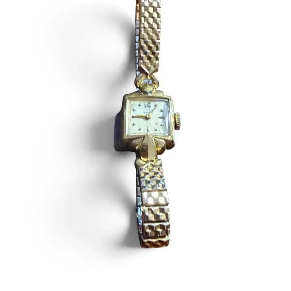Vintage Omega Ladies Watch 14K Gold Filled Square Case Speidel Band Swiss Made